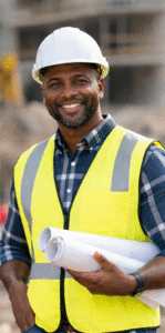 African American construction project manager reviewing plans at an active job site in Hampton Roads
