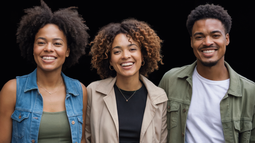 fThree young Black adults—two women and one man—smiling confidently together, representing the future of small business ownership in Hampton Roads.